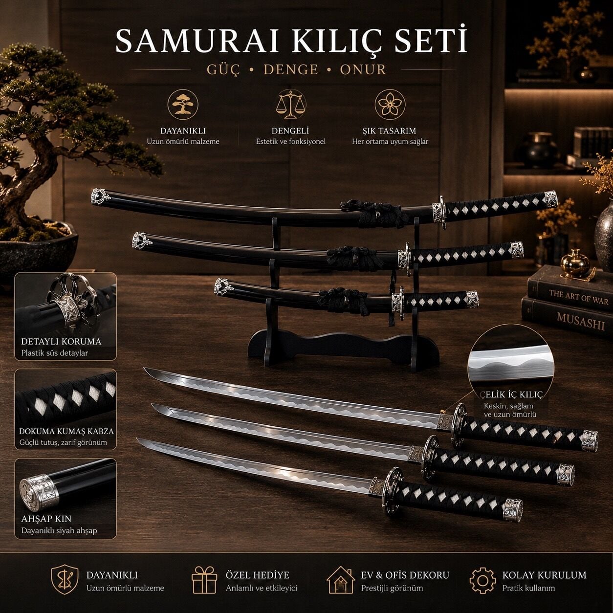 Zanshiro Samuray Kılıç Seti 3'lü Çelik İç Kılıç Ahşap Kınlı Lüks Ofis ve Ev Dekorasyonu Katana Seti