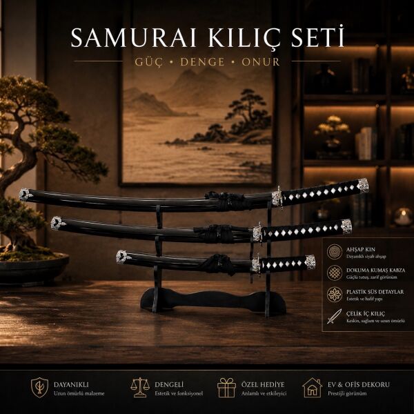 Zanshiro Samuray Kılıç Seti 3'lü Çelik İç Kılıç Ahşap Kınlı Lüks Ofis ve Ev Dekorasyonu Katana Seti