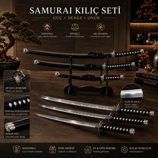 Zanshiro Samuray Kılıç Seti 3'lü Çelik İç Kılıç Ahşap Kınlı Lüks Ofis ve Ev Dekorasyonu Katana Seti