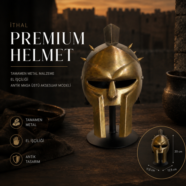 Dekoratif Metal Miğfer Biblosu Antik Savaşçı Kaskı Helmet MasaÜstü Obje Lüks Ofis Yönetici Hediyesi