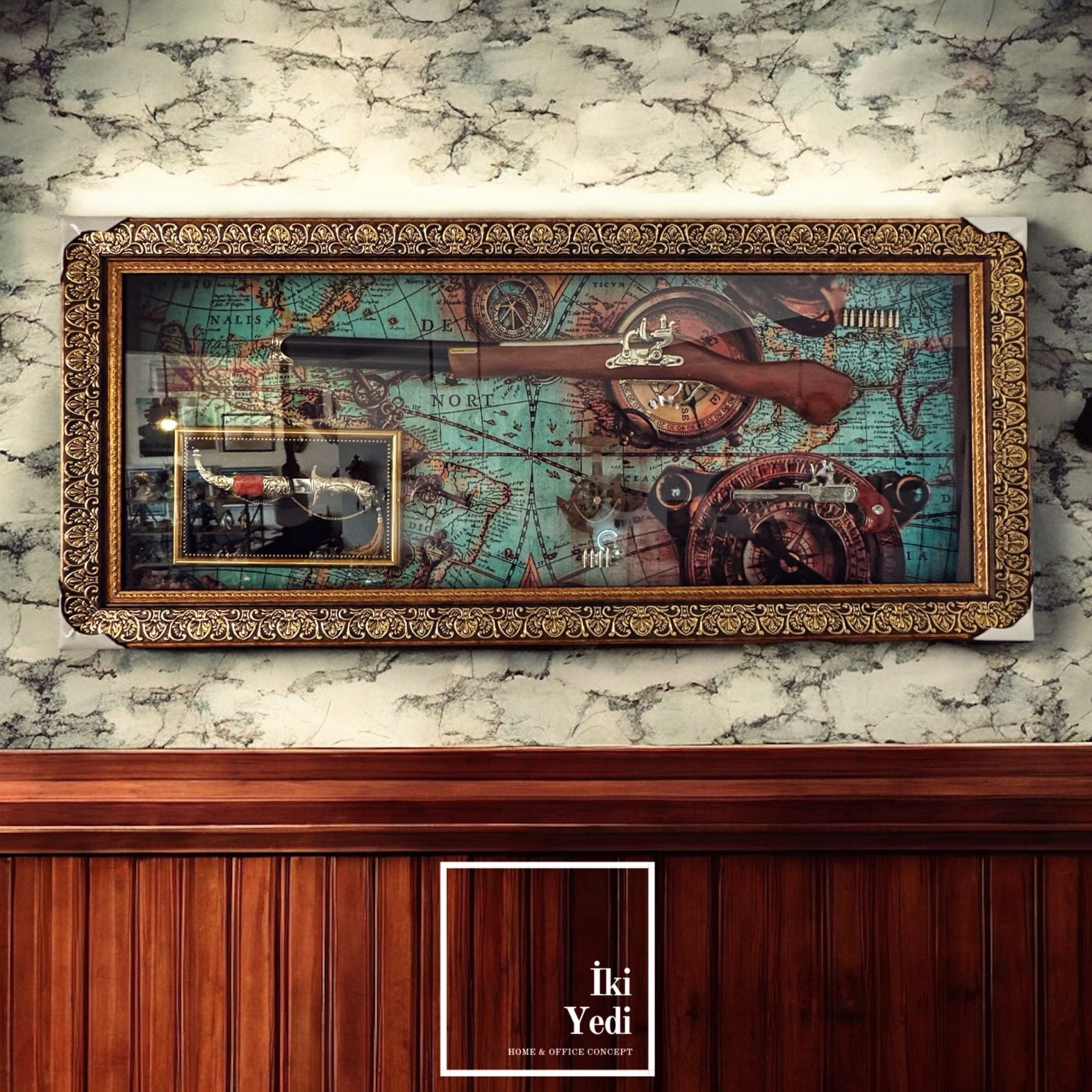 Pedro-L 77-3 Antika Silah Tüfek Tablosu Dünya Haritası Lüks Duvar Dekorasyonu Antika Hediyelik Eşyalar Ofis Hediyesi Hançer Bıçaklı