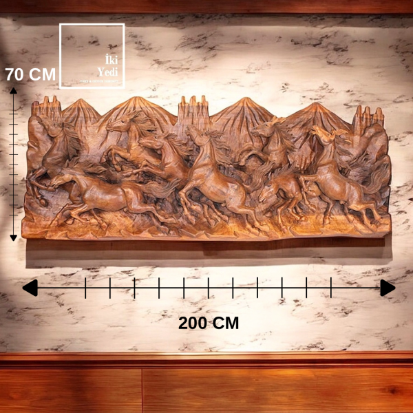Ahşap At Rölyef Tablo 200x70 cm El Oyma Duvar Dekoru Koşan At Figürü Doğal Ağaç Büyük Sanat