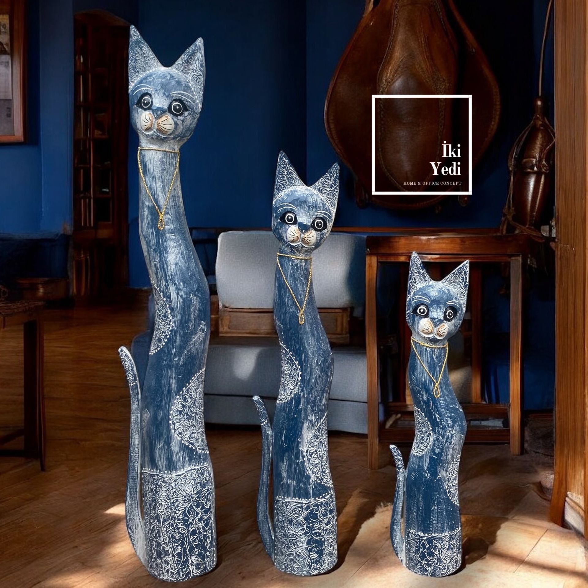 Tizzy 100 cm 3’lü Ahşap Kedi Figürü Takımı – Mavi, Otantik Ev Ofis Dekoru Kediseverlere Hediyelik