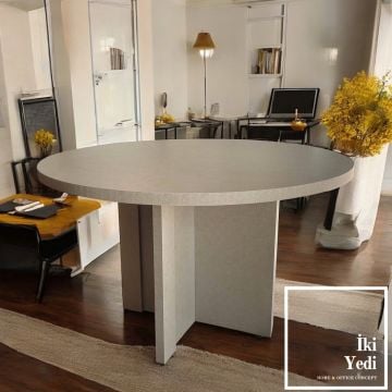 Kamboo 120 cm Krem Ton Yuvarlak Toplantı Masası Ofis Mobilyası Büro Mobilyaları 4 Kişilik Beyin Fırtınası Yemek Masası