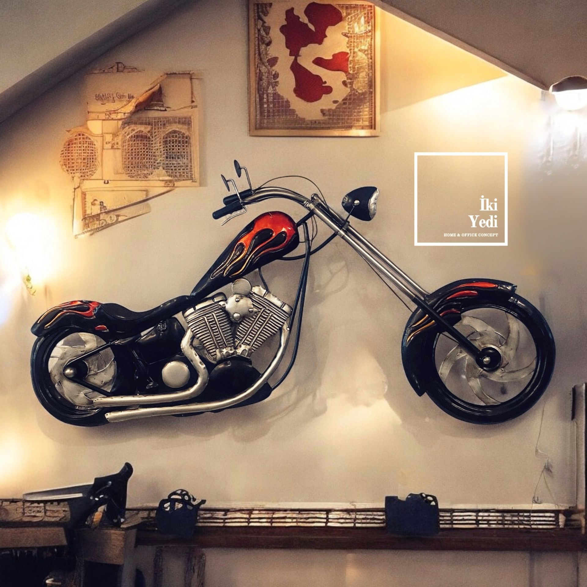 Chopper Kırmızı Alevli 55 x 110 cm Metal Motorsiklet Objesi Motosiklet Duvar Dekoru Retro Hediyelik Dekorasyon Vintage Hediyesi