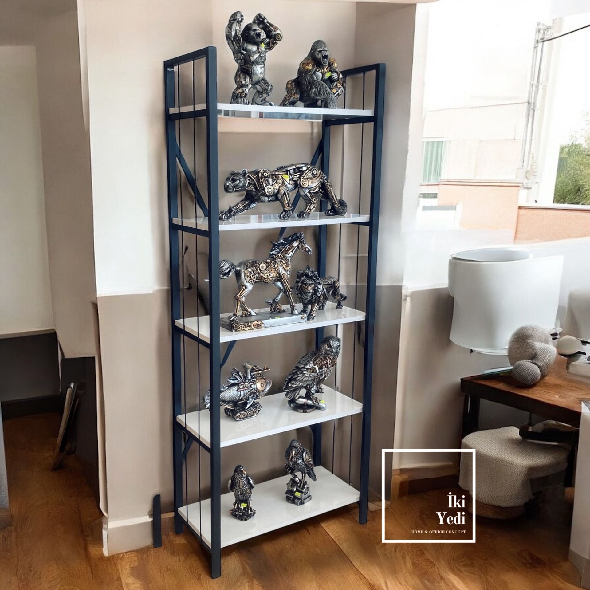 Jardin 180 cm Siyah Metal Kitaplık 5 Raflı Beyaz Renk Ürün Teşhir Standı Ayakkabılık Çiçeklik Ev Dekorasyonu Ofis Mobilyaları