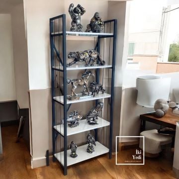 Jardin 180 cm Siyah Metal Kitaplık 5 Raflı Beyaz Renk Ürün Teşhir Standı Ayakkabılık Çiçeklik Ev Dekorasyonu Ofis Mobilyaları
