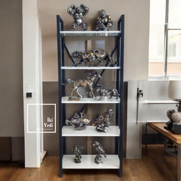 Jardin 180 cm Siyah Metal Kitaplık 5 Raflı Beyaz Renk Ürün Teşhir Standı Ayakkabılık Çiçeklik Ev Dekorasyonu Ofis Mobilyaları