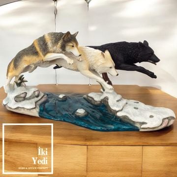 Veronese Üçlü Kurt Figürü – Nehirden Atlayan Kurt Heykeli, Ofis Ev Dekoru, Anlamlı Hediyelik Obje