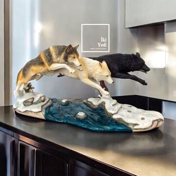 Veronese Üçlü Kurt Figürü – Nehirden Atlayan Kurt Heykeli, Ofis Ev Dekoru, Anlamlı Hediyelik Obje