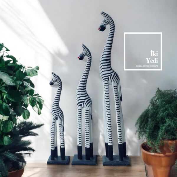Zebra 3’lü Ahşap Heykel Takımı – 100 cm Büyük Boy Otantik Dekoratif Zebra Figürleri, El Yapımı Ağaç