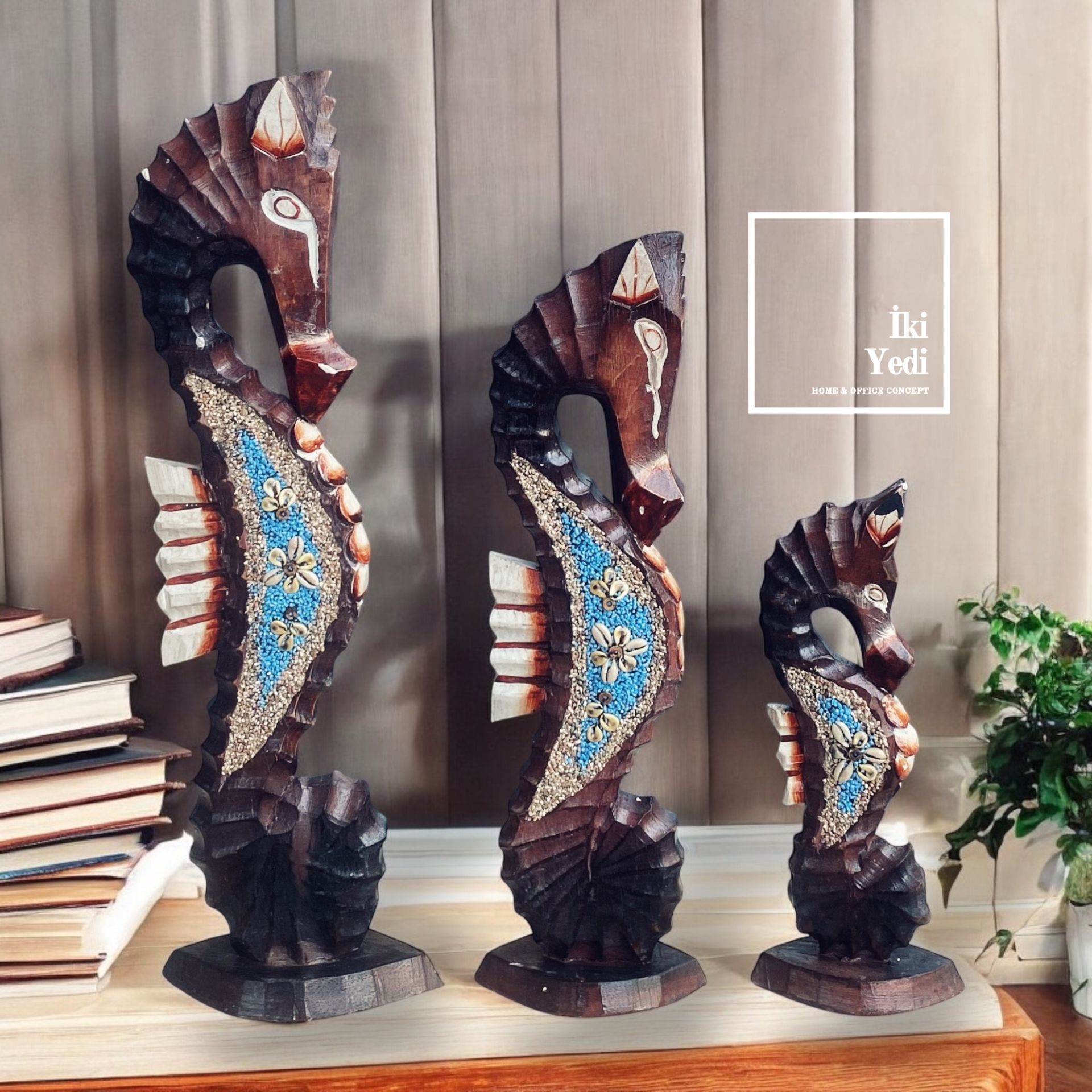 Seahorses 77-1 Renkli Ahşap 3’lü Denizatı Heykeli – 50 cm Büyük Dekoratif Obje, Otantik Ev ve Ofis