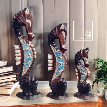 Seahorses 77-1 Renkli Ahşap 3’lü Denizatı Heykeli – 50 cm Büyük Dekoratif Obje, Otantik Ev ve Ofis
