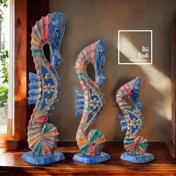 Seahorses 77-2 Renkli Ahşap 3’lü Denizatı Heykeli – 50 cm Büyük Dekoratif Obje, Otantik Ev ve Ofis