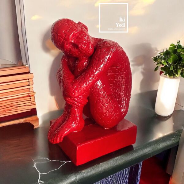Kırmızı Siyah Puzzle Tasarım 30 cm Kadın Heykeli Modern Minimalist Dekoratif Objeler Kırmızı
