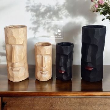 Nemrut 2'li Yüz Figürlü Dekoratif Vazo Seti, Siyah ve Krem Renk, Modern Ev Ofis Hediyelik Obje