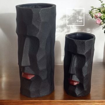 Nemrut 2'li Yüz Figürlü Dekoratif Vazo Seti, Siyah ve Krem Renk, Modern Ev Ofis Hediyelik Obje