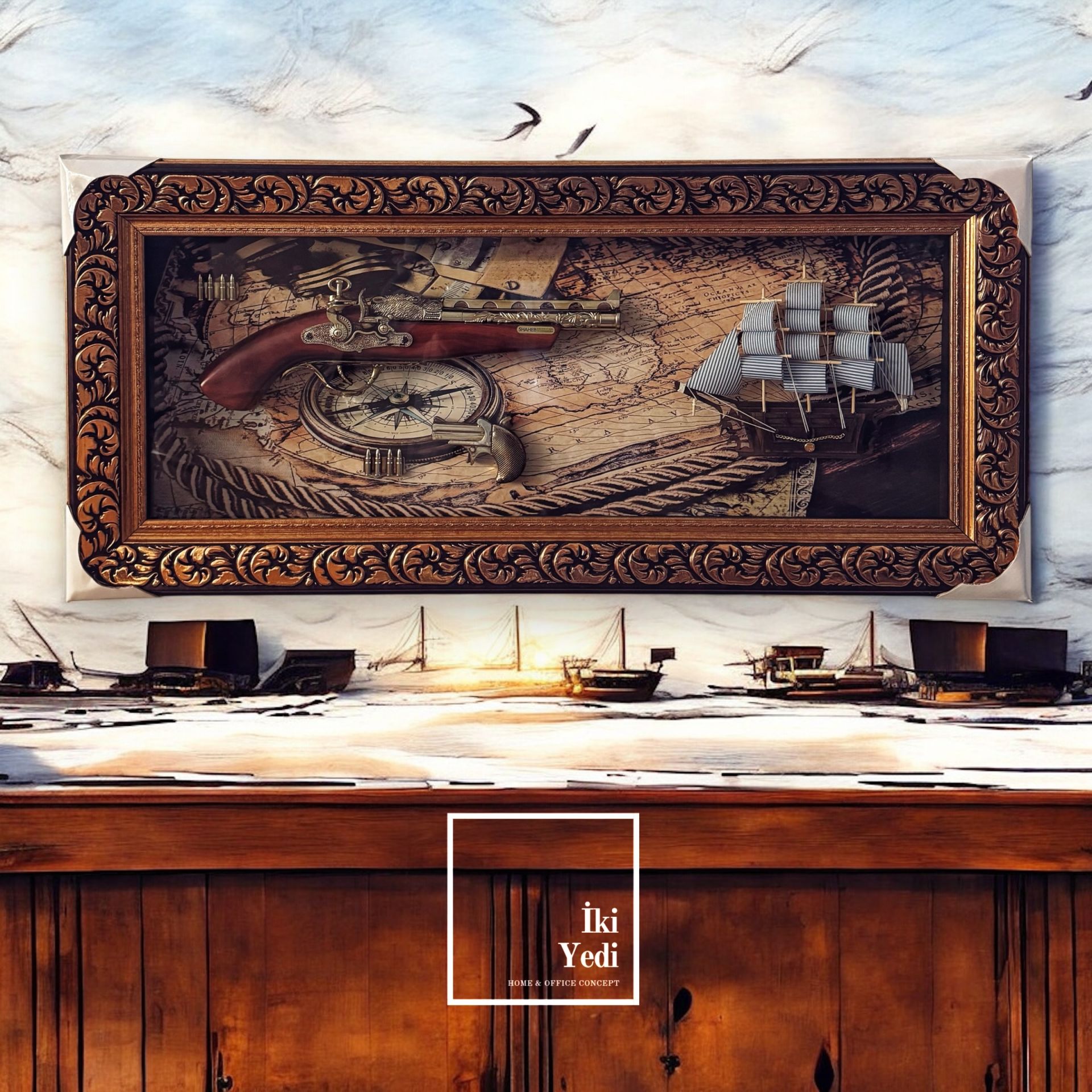 Pedro-M 77-2 Antika Silah Tablosu Yelkenli Gemi ve Dünya Haritası Temalı Lüks Duvar Dekoru