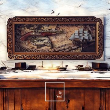 Pedro-M 77-2 Antika Silah Tablosu Yelkenli Gemi ve Dünya Haritası Temalı Lüks Duvar Dekoru