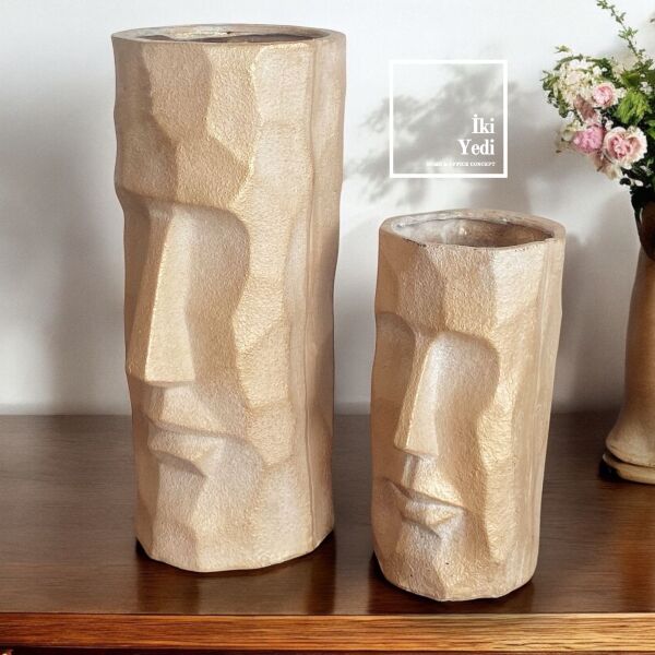 Nemrut 2'li Yüz Figürlü Dekoratif Vazo Seti, Siyah ve Krem Renk, Modern Ev Ofis Hediyelik Obje Krem