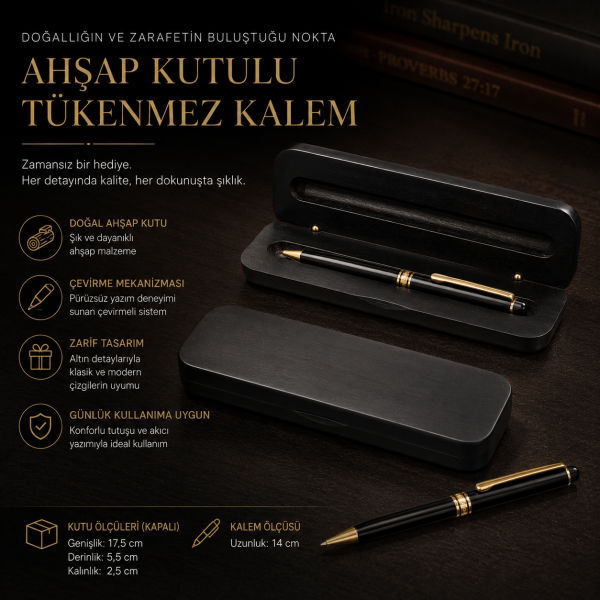 Vernoris Ahşap Kutulu Siyah Tükenmez Kalem İmza Kalemi Ofis Hediyesi Masaüstü Aksesuar Yazı Gereci