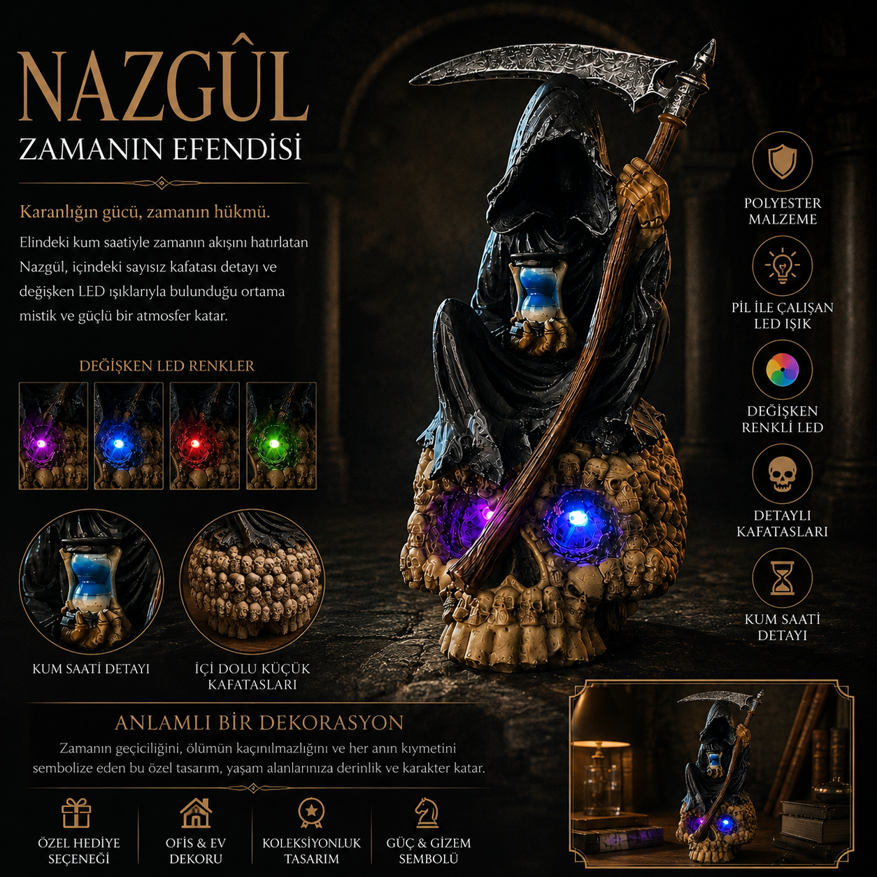 Nazgûl Epik Fantastik Masaüstü Aksesuar Tırpanlı Azrail Formlu Led Işıklı Dekoratif Obje Sıradışı