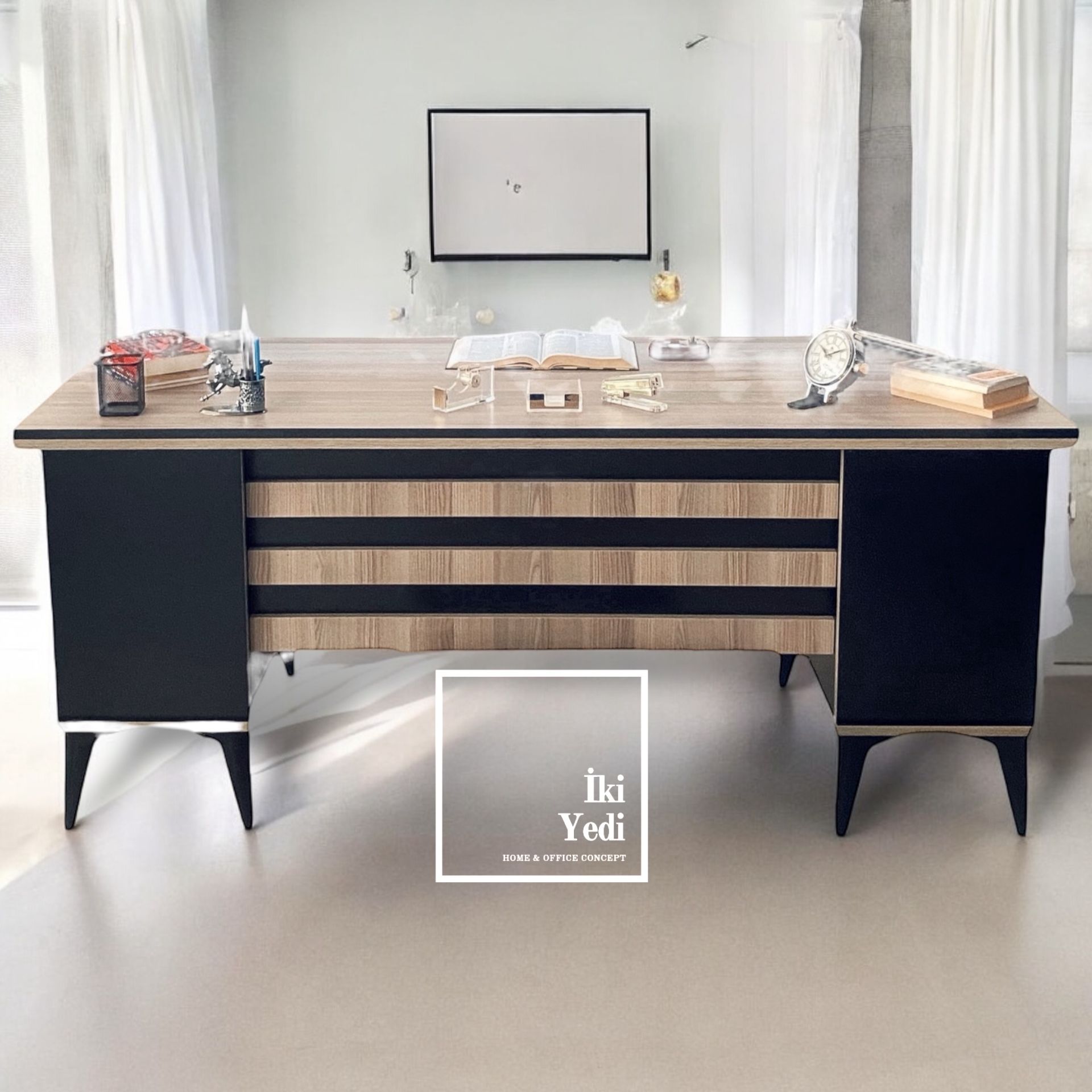 Nebraska 180 cm Çekmeceli Dolaplı Ofis Makam Yönetici Masası Büro Mobilyaları Lükens Ayaklı Çalışma Masası