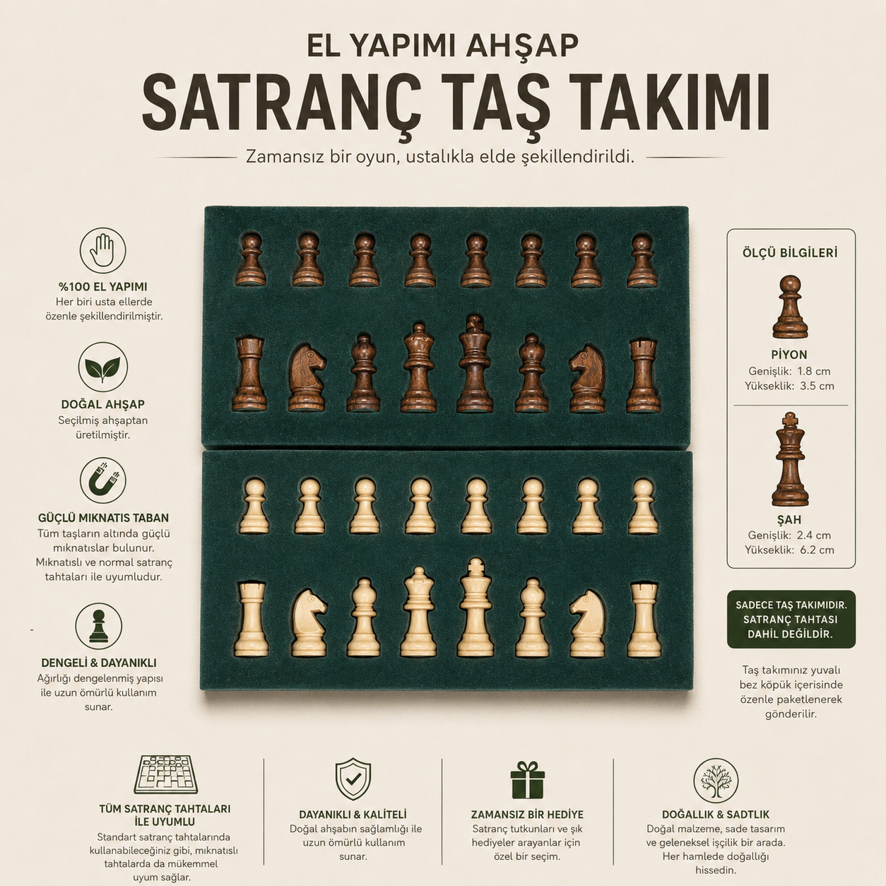 El Yapımı Ahşap Satranç Taş Takımı Mıknatıslı Mini Boy Doğal Ahşap 32 Parça