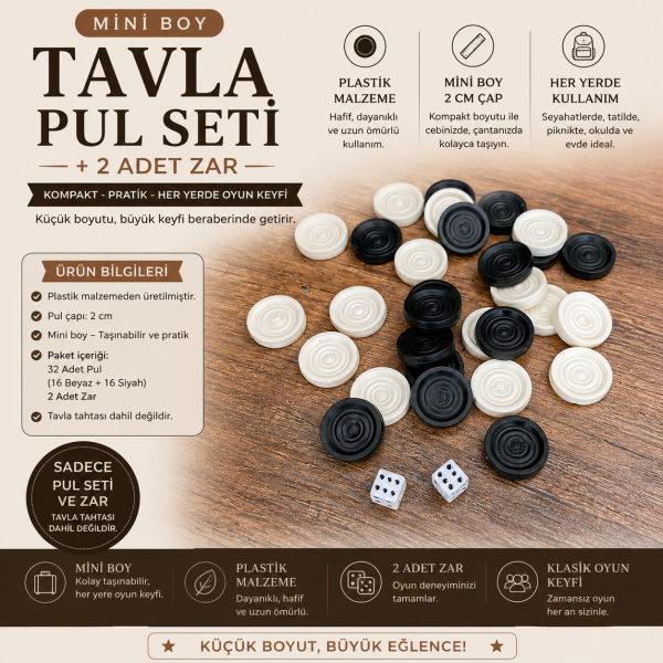 Mini Boy Tavla Pul Seti 2 cm Plastik Tavla Pulu 32 Adet + 2 Zar Seyahat Tipi