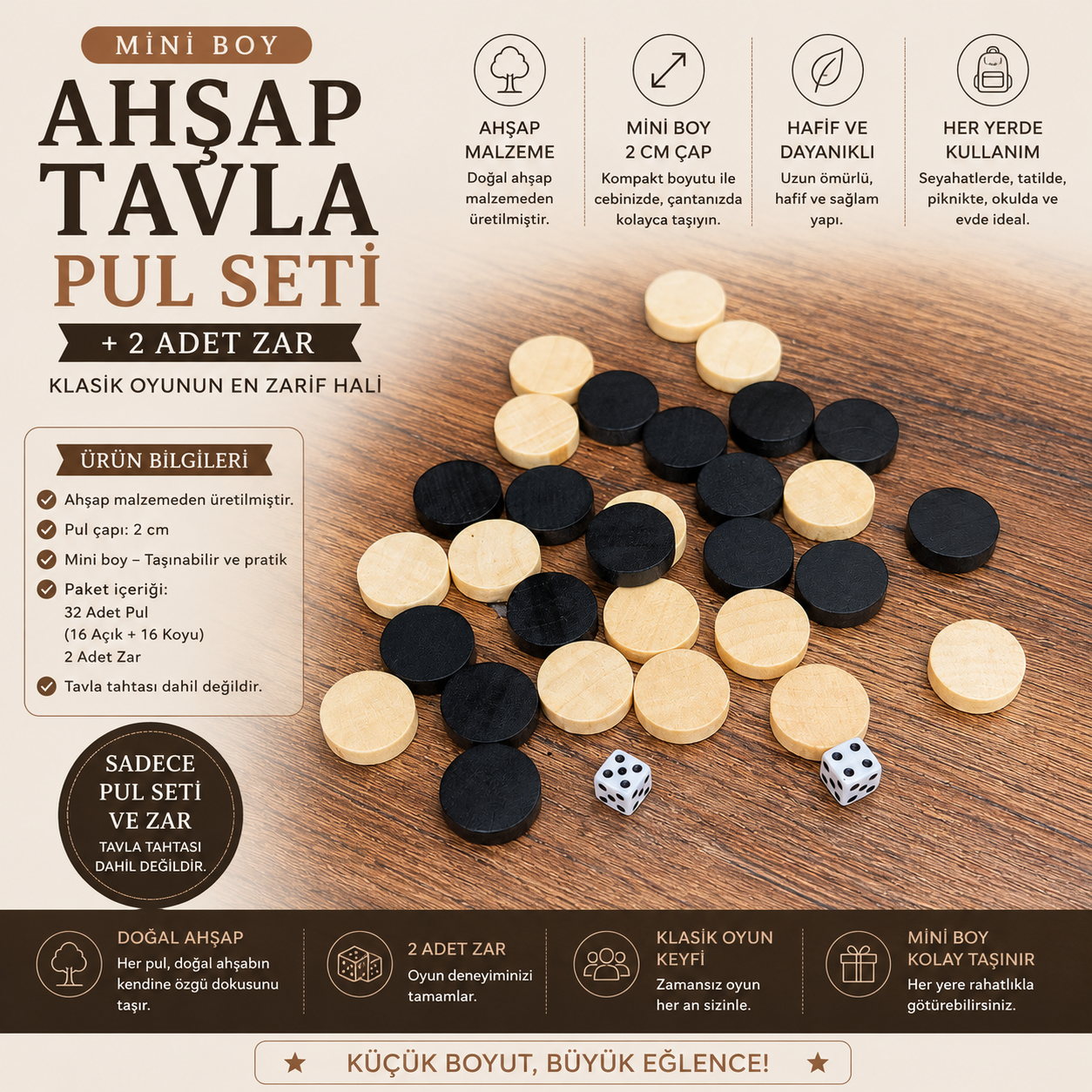 Mini Boy Ahşap Tavla Pul Seti 2 cm Doğal Ahşap 32 Adet + 2 Zar Seyahat Tipi
