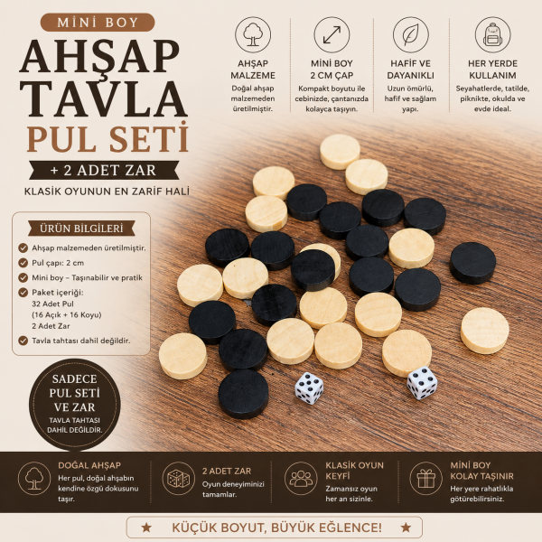Mini Boy Ahşap Tavla Pul Seti 2 cm Doğal Ahşap 32 Adet + 2 Zar Seyahat Tipi