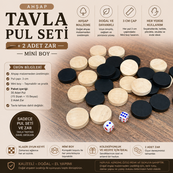 Ahşap Tavla Pul Seti 3 cm Doğal Ahşap 30 Adet + 2 Zar Mini Boy Tavla Pulu