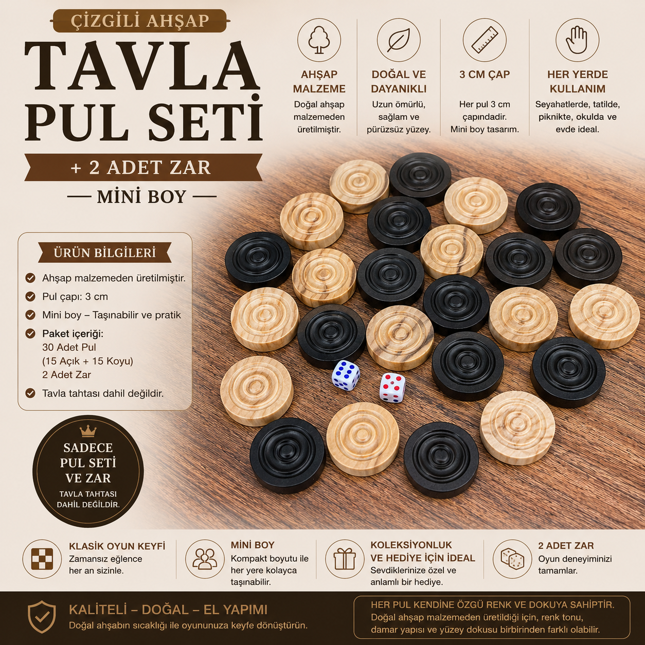Çizgili Ahşap Tavla Pul Seti 3 cm Doğal Ahşap 30 Adet + 2 Zar Klasik Tavla