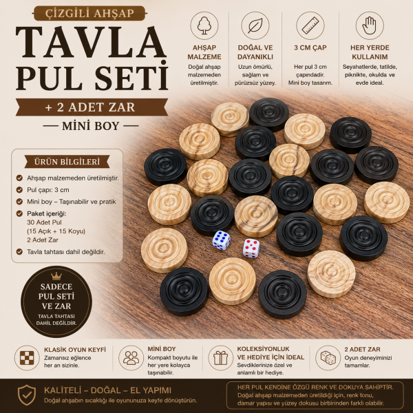 Çizgili Ahşap Tavla Pul Seti 3 cm Doğal Ahşap 30 Adet + 2 Zar Klasik Tavla