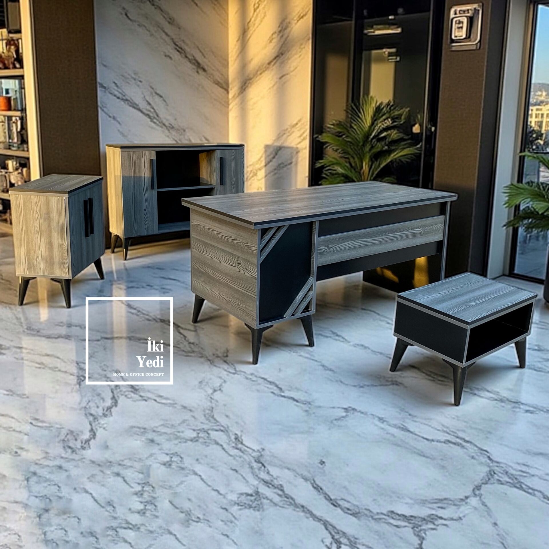 Bavyera 160 cm Modern Gri Siyah Ofis Masa Takımı Ofis Mobilyaları Büro Makam Odası Yönetici Seti