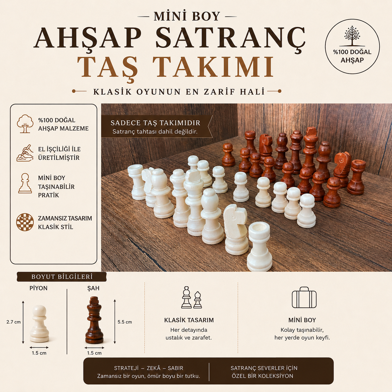 Mini Boy Ahşap Satranç Taş Takımı Doğal Ahşap Klasik Satranç Taşları 32 Parça