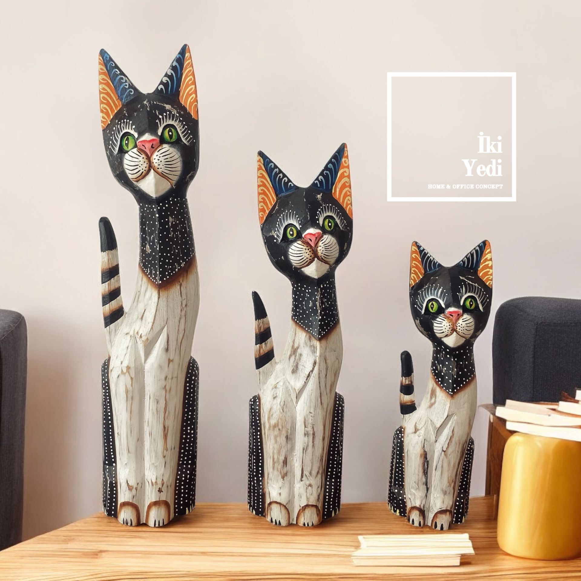 Tizzy 50 cm 3’lü Ahşap Kedi Figürü Takımı El Yapımı Otantik Dekoratif Objeler Hediye 77-1