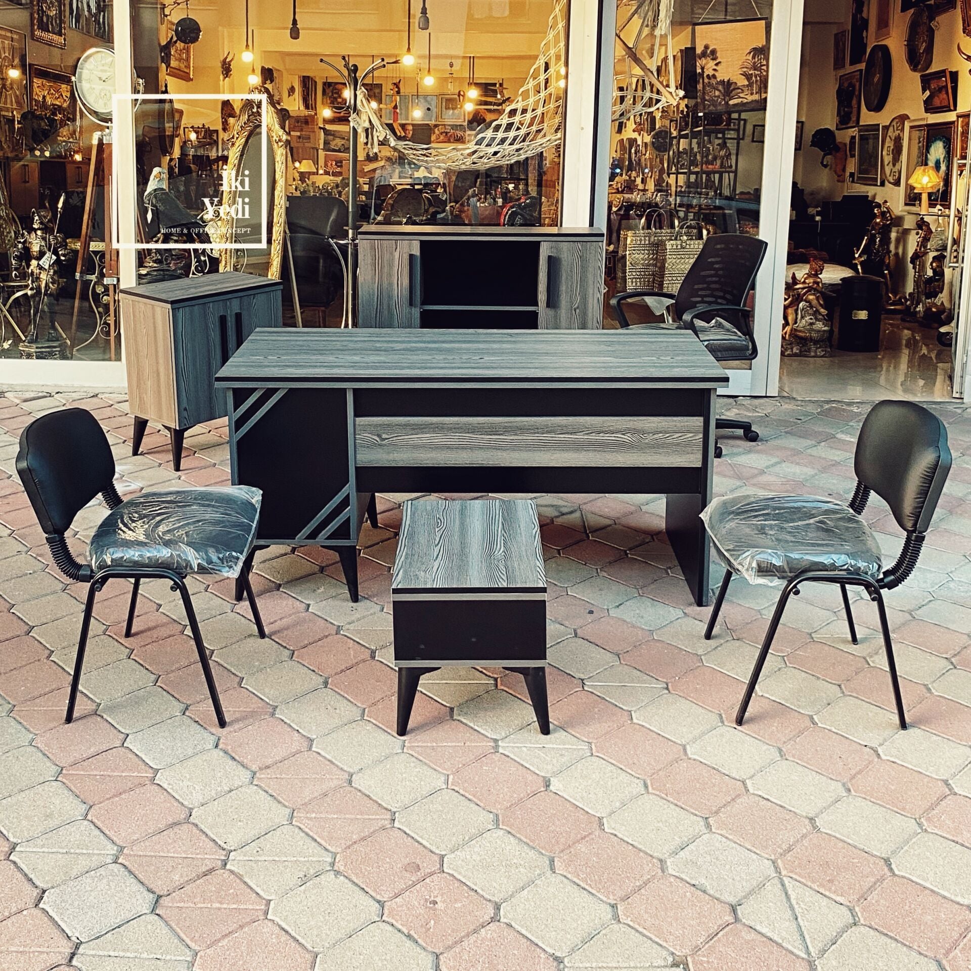 Bavyera 160 cm Modern Gri Siyah Ofis Masa Takımı Ofis Mobilyaları Büro Makam Odası Yönetici Seti