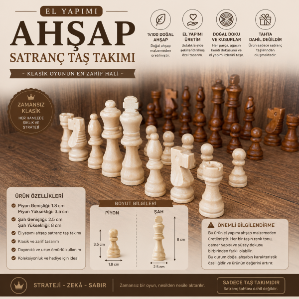 El Yapımı Ahşap Satranç Taş Takımı Doğal Ahşap Klasik Satranç Taşları 32 Parça