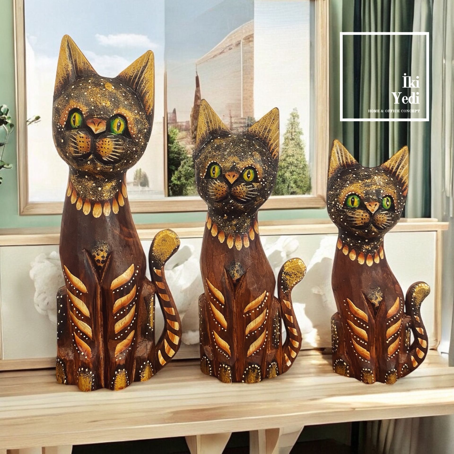 Tizzy 30 cm 3’lü Ahşap Kedi Figürü Takımı Otantik Dekoratif Obje Seti, Ev ve Ofis 77-1