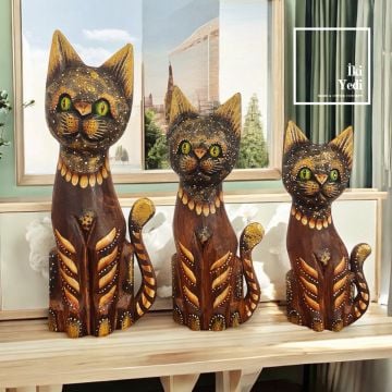 Tizzy 30 cm 3’lü Ahşap Kedi Figürü Takımı Otantik Dekoratif Obje Seti, Ev ve Ofis 77-1