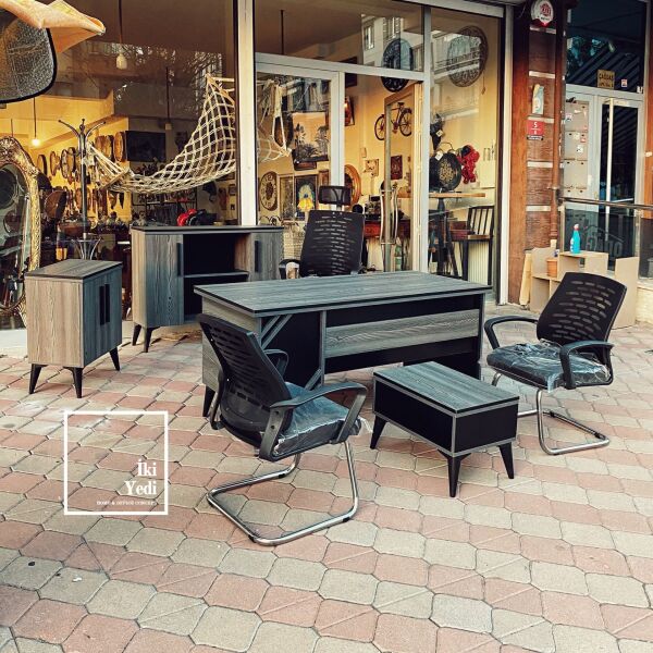 Bavyera Ofis Takımı Modern Tasarım Masa, Dolap, Etajer ve Orta Sehpa, Fileli Misafir Koltuklu Yönetici Takımı