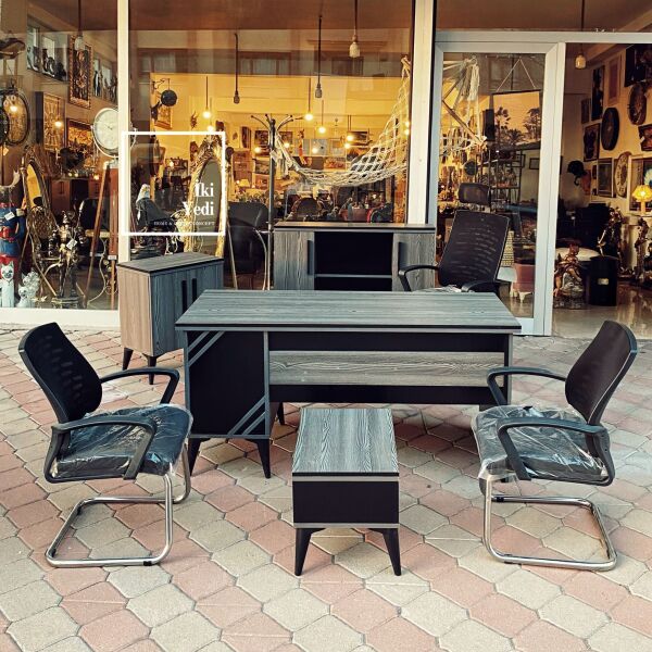 Bavyera Ofis Takımı Modern Tasarım Masa, Dolap, Etajer ve Orta Sehpa, Fileli Misafir Koltuklu Yönetici Takımı