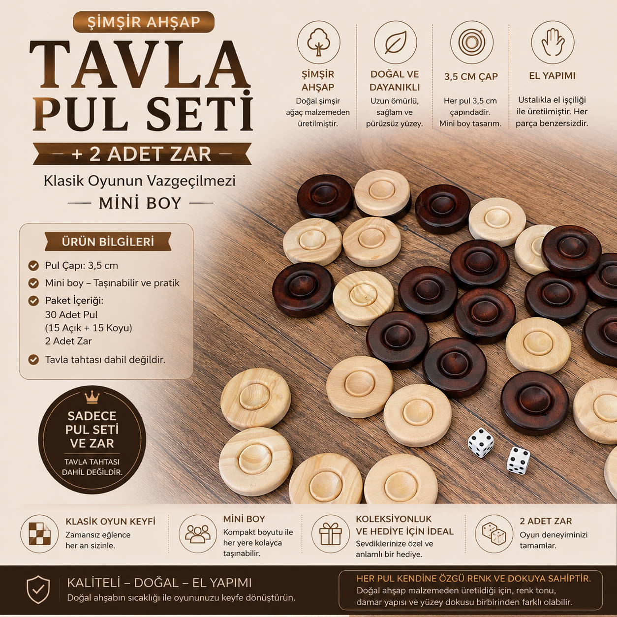 Şimşir Ahşap Tavla Pul Seti 3,5 cm El Yapımı Doğal Ahşap 30 Adet + 2 Zar Mini Boy