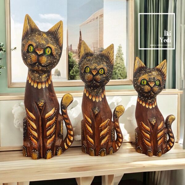 Tizzy 30 cm 3’lü Ahşap Kedi Figürü Takımı Otantik Dekoratif Obje Seti, Ev ve Ofis 77-3