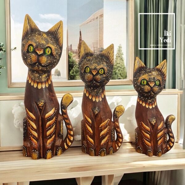 Tizzy 30 cm 3’lü Ahşap Kedi Figürü Takımı Otantik Dekoratif Obje Seti, Ev ve Ofis 77-4
