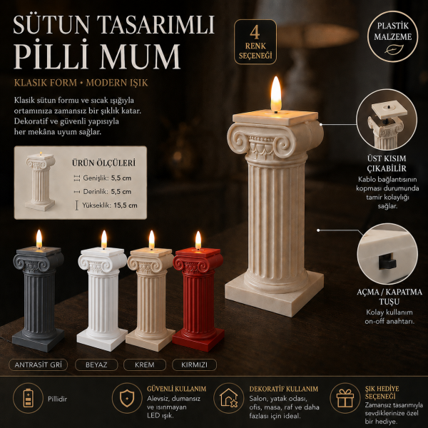 Sütun Tasarımlı Pilli Mum Beyaz Dekoratif LED Mum Antik Sütun Biblo Salon Konsol Masa Dekoru Hediye