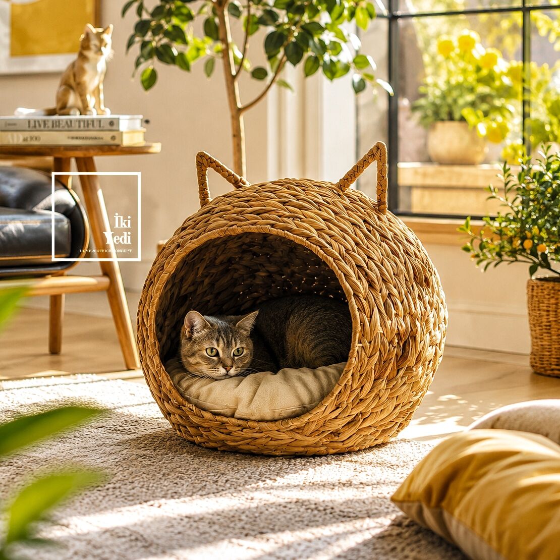 Bastetum Kaliteli Kulaklı Demir İskeletli El Örgüsü Hasır Kedi Evi Minderli Premium Kedi Yuvası
