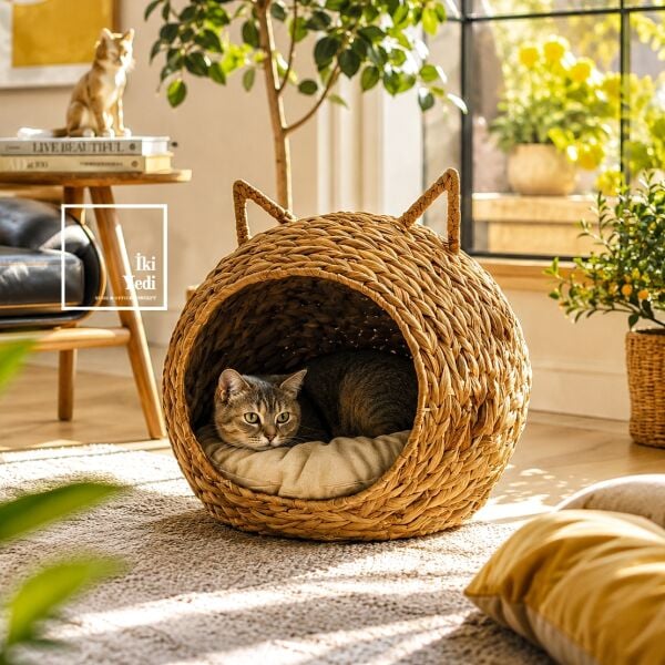 Bastetum Kaliteli Kulaklı Demir İskeletli El Örgüsü Hasır Kedi Evi Minderli Premium Kedi Yuvası