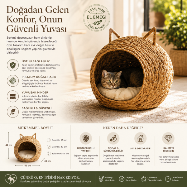 Bastetum Kaliteli Kulaklı Demir İskeletli El Örgüsü Hasır Kedi Evi Minderli Premium Kedi Yuvası